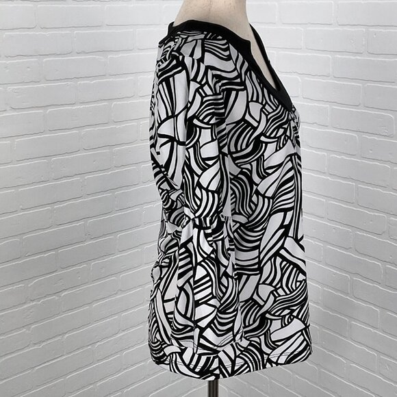 Chicos Top Women 1 Medium 8 Black White Smock Stretch Flare Scoop Tunic USA - Picture 5 of 11